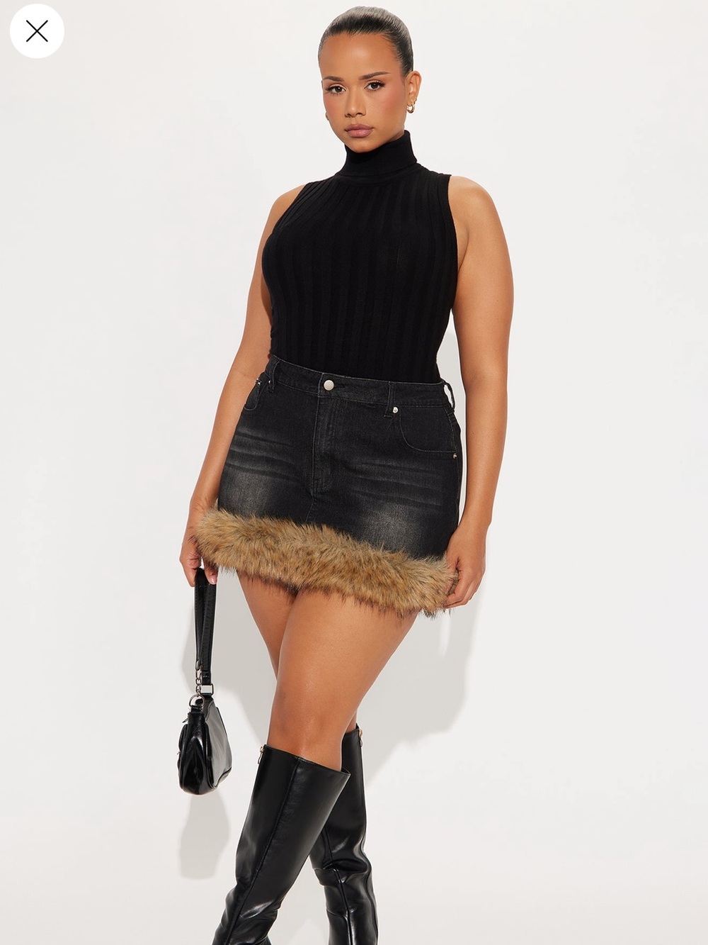 Fashion Nova Faux-Fur Trim Black Denim Mini Skirt